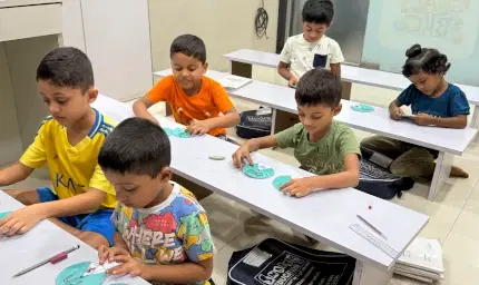 Student seating area with colorful furniture